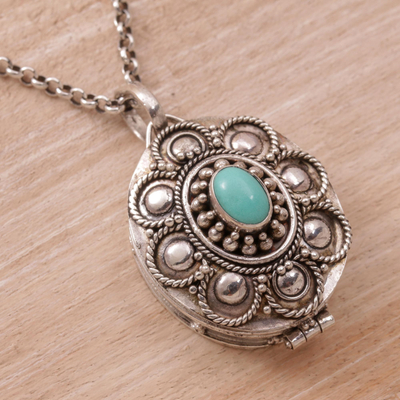 Sterling silver locket necklace, 'Island Bloom' - Sterling Silver and Reconstituted Turquoise Locket Necklace