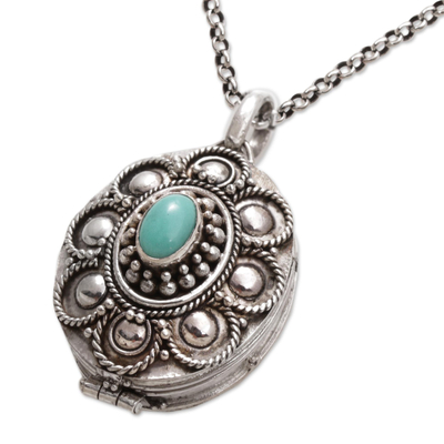 Sterling silver locket necklace, 'Island Bloom' - Sterling Silver and Reconstituted Turquoise Locket Necklace