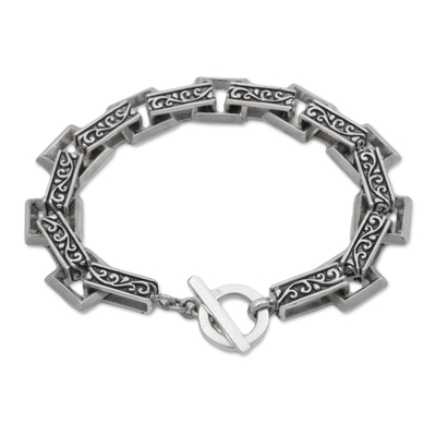 Sterling silver link bracelet, 'Daring Swirls' - Indonesian Sterling Silver Link Bracelet with Swirl Motifs