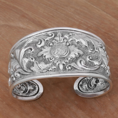 Sterling silver cuff bracelet, 'Courageous Soul' - Sterling Silver Repousse Cuff Bracelet from Indonesia