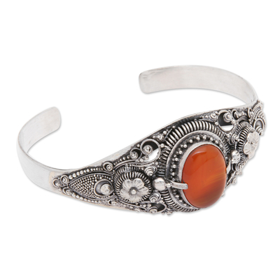 Carnelian cuff bracelet, 'Bright Balinese Magic' - Ornate Balinese Carnelian and Sterling Silver Cuff Bracelet