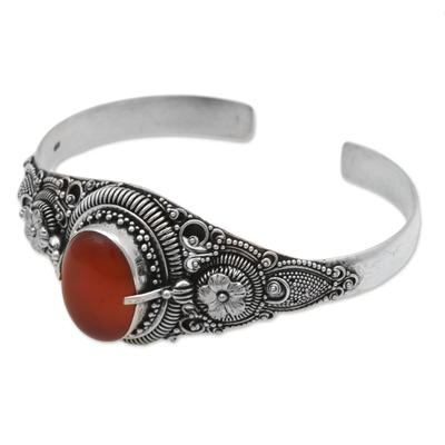 Carnelian cuff bracelet, 'Bright Balinese Magic' - Ornate Balinese Carnelian and Sterling Silver Cuff Bracelet