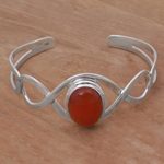 Carnelian cuff bracelet, 'DNA in Scarlet' - Carnelian and Sterling Silver Cuff Bracelet from Indonesia