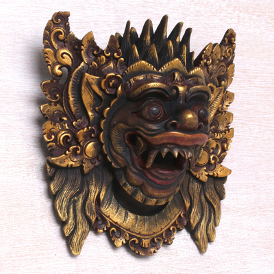 Wood mask, 'Narasinga' - Acacia Wood Wall Mask from Indonesia