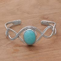 Amazonite cuff bracelet, 'DNA' - Amazonite and Sterling Silver Cuff Bracelet from Bali