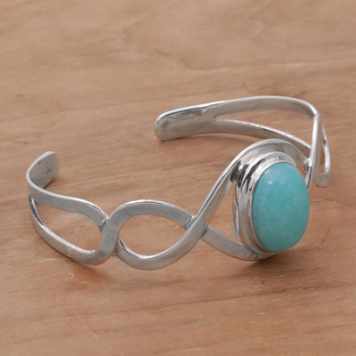 Amazonite cuff bracelet, 'DNA' - Amazonite and Sterling Silver Cuff Bracelet from Bali