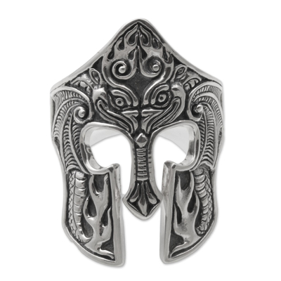 Men's sterling silver cocktail ring, 'Brawijaya Mask' - Sterling Silver Men's Dragon Balinese Warrior Ring