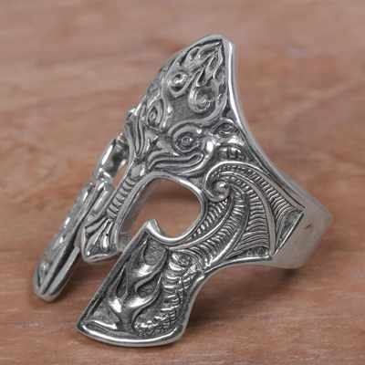 Men's sterling silver cocktail ring, 'Brawijaya Mask' - Sterling Silver Men's Dragon Balinese Warrior Ring