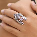 Men's sterling silver cocktail ring, 'Brawijaya Mask' - Sterling Silver Men's Dragon Balinese Warrior Ring