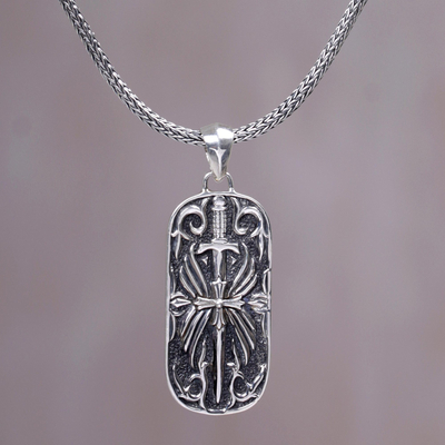 Men's sterling silver pendant necklace, 'Blade of Gaja Mada' - Artisan Crafted Javanese Sterling Silver Men's Necklace