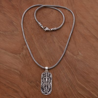 Men's sterling silver pendant necklace, 'Blade of Gaja Mada' - Artisan Crafted Javanese Sterling Silver Men's Necklace