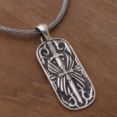 Men's sterling silver pendant necklace, 'Blade of Gaja Mada' - Artisan Crafted Javanese Sterling Silver Men's Necklace