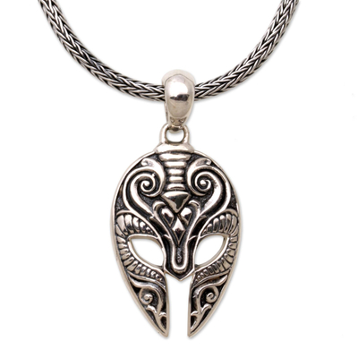 Men's sterling silver pendant necklace, 'Siliwangi Mask' - Sterling Silver Men's Ram Pendant Necklace from Indonesia