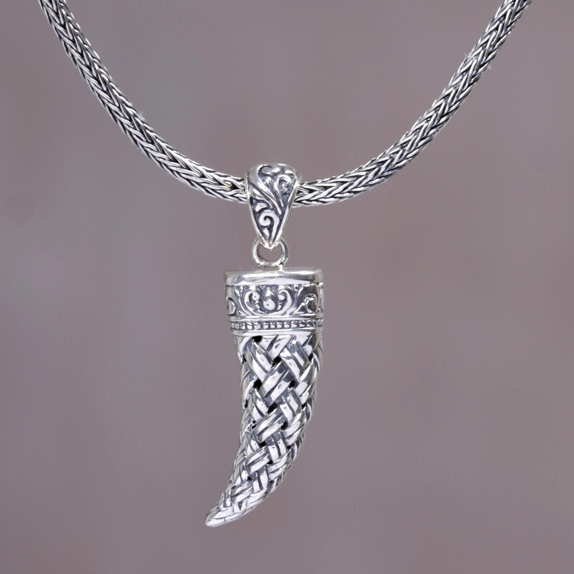 Sterling Silver Fang Shaped Pendant Necklace from Indonesia Woven