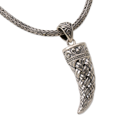 Men's sterling silver pendant necklace, 'Woven Fang' - Sterling Silver Fang Shaped Pendant Necklace from Indonesia