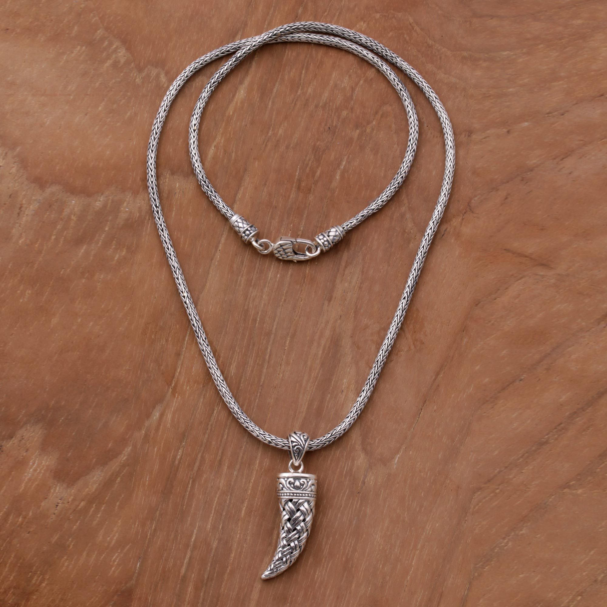 Sterling Silver Fang Shaped Pendant Necklace from Indonesia Woven