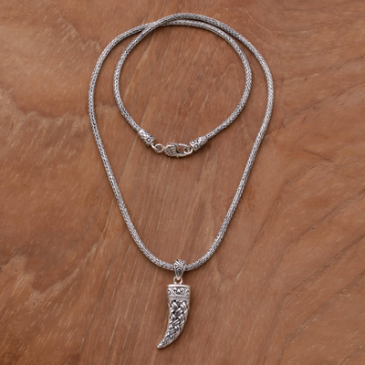 Men's sterling silver pendant necklace, 'Woven Fang' - Sterling Silver Fang Shaped Pendant Necklace from Indonesia