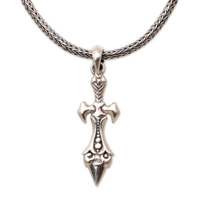 Men's sterling silver pendant necklace, 'Sword of Airlangga' - Sterling Silver Sword Pendant Necklace from Indonesia