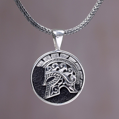 Men's sterling silver pendant necklace, 'Hayam Wuruk Helmet' - Sterling Silver Helmet Pendant Necklace from Indonesia