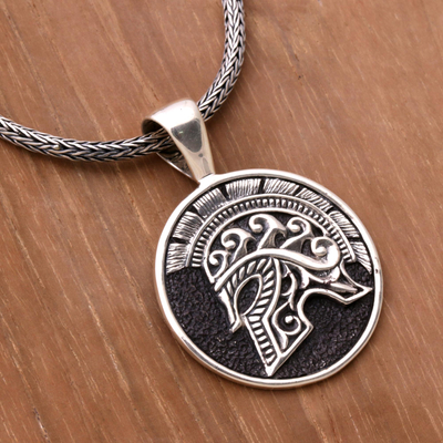 Men's sterling silver pendant necklace, 'Hayam Wuruk Helmet' - Sterling Silver Helmet Pendant Necklace from Indonesia