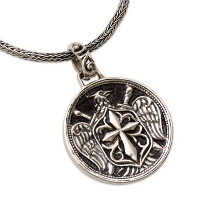 Men's sterling silver pendant necklace, 'Eagle Cross Shield' - Balinese Sterling Silver Eagle and Cross Pendant Necklace