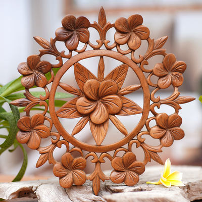 Wood relief panel, 'Jepun Bouquet' - Hand Carved Suar Wood Floral Relief Panel from Indonesia