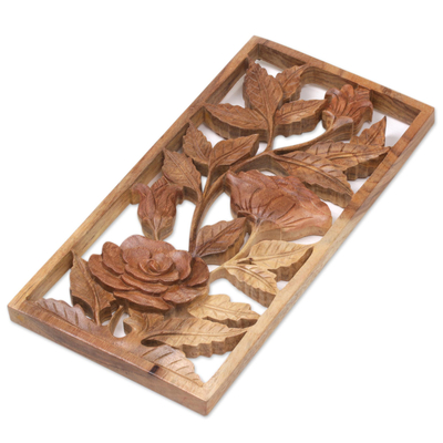 Wood relief panel, 'Graced by Roses' - Hand Carved Balinese Suar Wood Relief Panel of Roses
