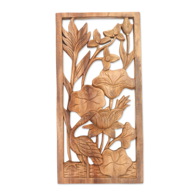 Wood wall panel, 'Heron Pond' - Heron Lilies and Lotus Wall Relief Panel in Hand Carved Wood