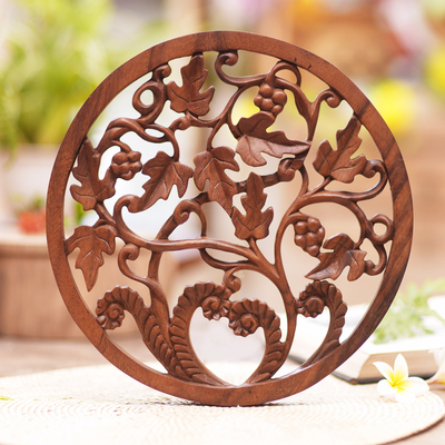 Wood relief panel, 'Vineyard Medallion' - Vineyard Detailed Hand Carved Wood Round Relief Wall Panel