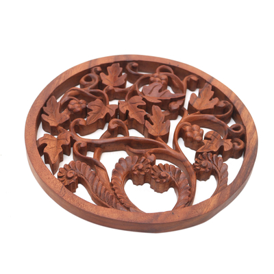 Wood relief panel, 'Vineyard Medallion' - Vineyard Detailed Hand Carved Wood Round Relief Wall Panel