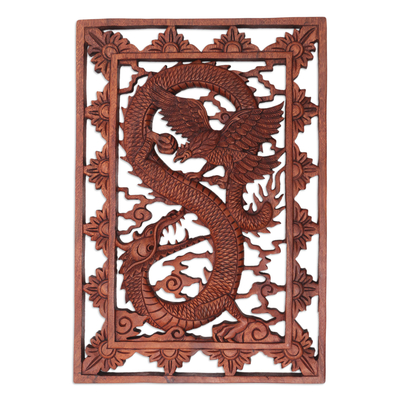 Wood relief panel, 'Garuda and Dragon' - Hand Carved Suar Wood Wall Relief Panel from Indonesia