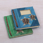 Natural fiber journals, 'Turtle Memories' (pair) - Two Green and Blue Natural Fiber Indonesian Turtle Journals