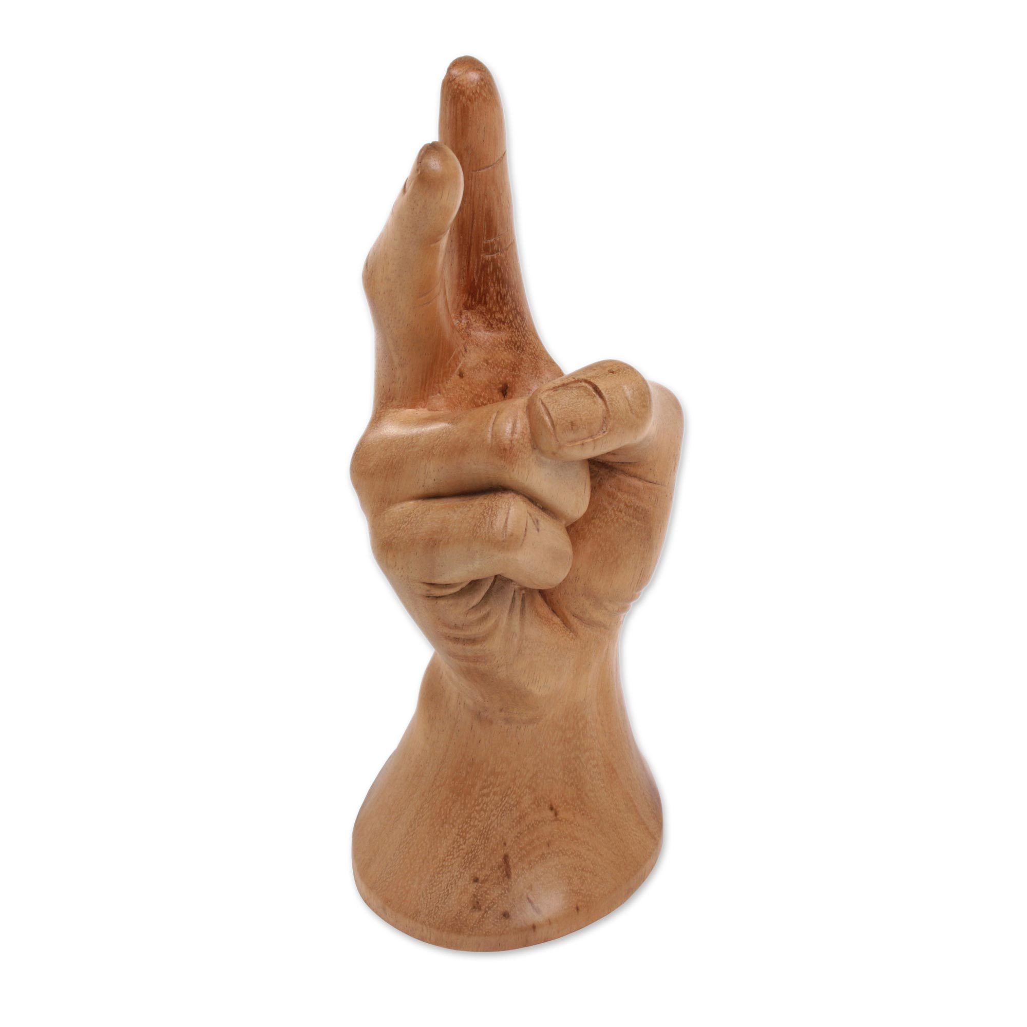Realistic Bali Peace Sign Hand Sculpture in Hand Carved Wood Peace
