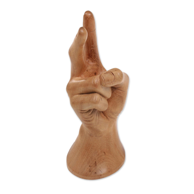 Wood sculpture, 'Peace, Man' - Realistic Bali Peace Sign Hand Sculpture in Hand Carved Wood