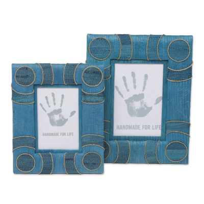 Natural fiber photo frames, 'Circle of Memories in Blue' (4x6 and 3x5) - 4x6 and 3x5 Indonesian Natural Fiber Photo Frames in Blue