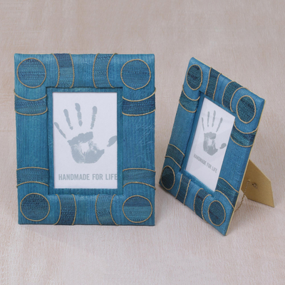 Natural fiber photo frames, 'Circle of Memories in Blue' (4x6 and 3x5) - 4x6 and 3x5 Indonesian Natural Fiber Photo Frames in Blue