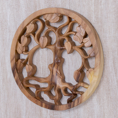Wood relief panel, 'Elegant Trunyan' - Hand Carved Suar Wood Tree Wall Relief Panel from Bali