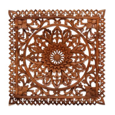 Wood relief panel, 'Floral Shrine' - Hand Carved Suar Wood Floral Wall Relief Panel from Bali