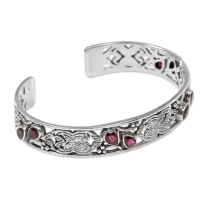 Garnet cuff bracelet, 'Red Dewdrops' - Feminine Garnet and Sterling Silver Cuff Bracelet from Bali