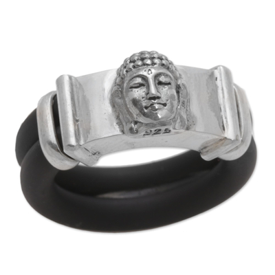 Sterling silver and rubber band ring, 'Buddha's Truth' - Buddha Face on 925 Sterling Silver and Natural Rubber Ring