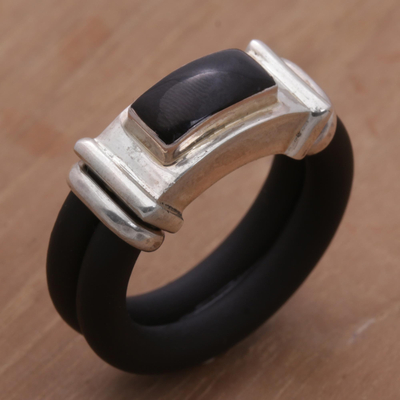 Onyx- und Gummibandring 'Elemental' - Band-Ring aus Sterlingsilber mit Onyx und schwarzem Naturkautschuk