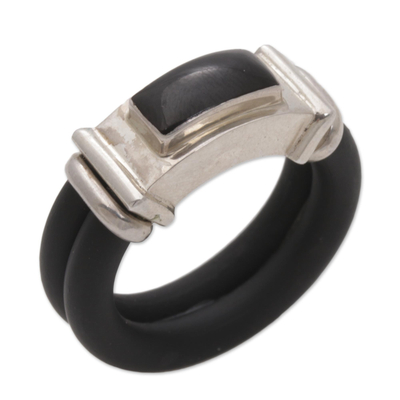 Onyx and rubber band ring, 'Elemental' - Onyx Sterling Silver and Natural Rubber Black Band Ring