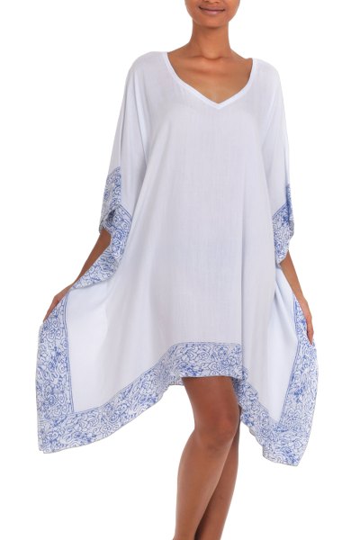 Rayon batik caftan, 'Divine Dusk' - White and Blue 100% Rayon Batik Caftan from Indonesia