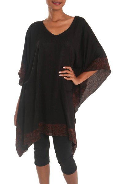 Batik rayon caftan, 'Shadowy Night' - Black and Rust 100% Rayon Batik Women's Caftan from Bali