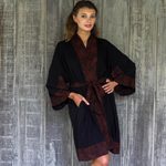 Short rayon robe, 'Bewitching Blossom' - Indonesian Floral Batik Printed Black and Cocoa Short Robe