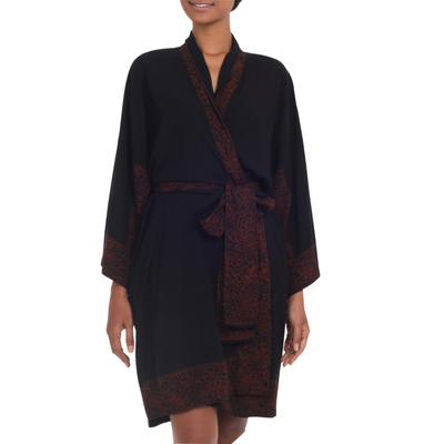 Short rayon robe, 'Bewitching Blossom' - Indonesian Floral Batik Printed Black and Cocoa Short Robe