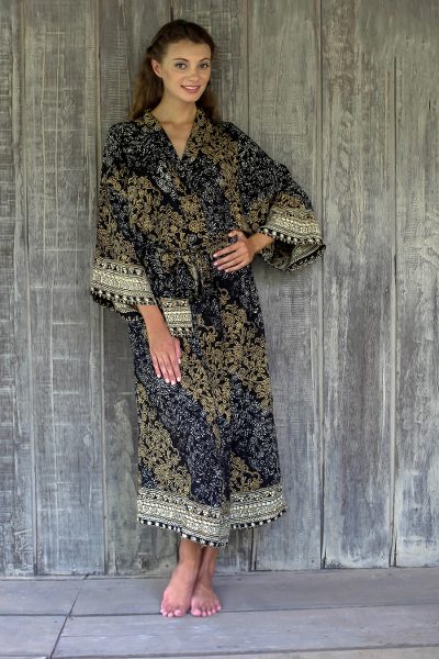 Rayon batik robe, 'Midnight Majesty' - Indonesian Floral Batik Printed Black and Yellow Robe