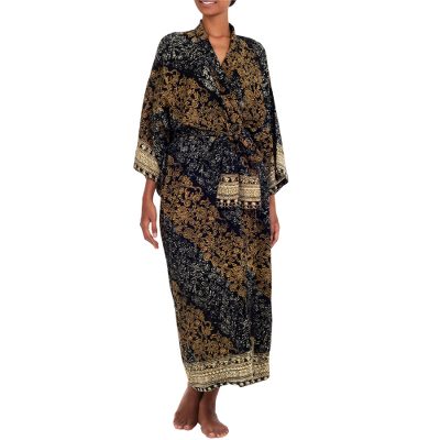 Rayon batik robe, 'Midnight Majesty' - Indonesian Floral Batik Printed Black and Yellow Robe
