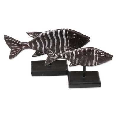 Pair of Albesia Wood Zebra Fish Sculptures from Bali