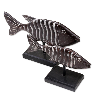 Wood sculptures, 'Friendly Zebra Fish' (pair) - Pair of Albesia Wood Zebra Fish Sculptures from Bali